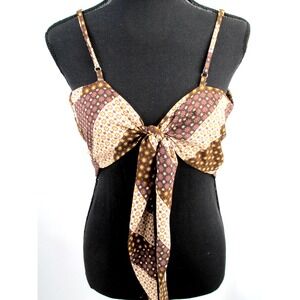 Papaya Brown Handkerchief Halter Top Large Tie Front Floral Blouse T3459-3